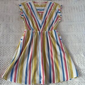 Monteau Striped V-Neck Kids Dress in White, Mustard, Blue & Pink